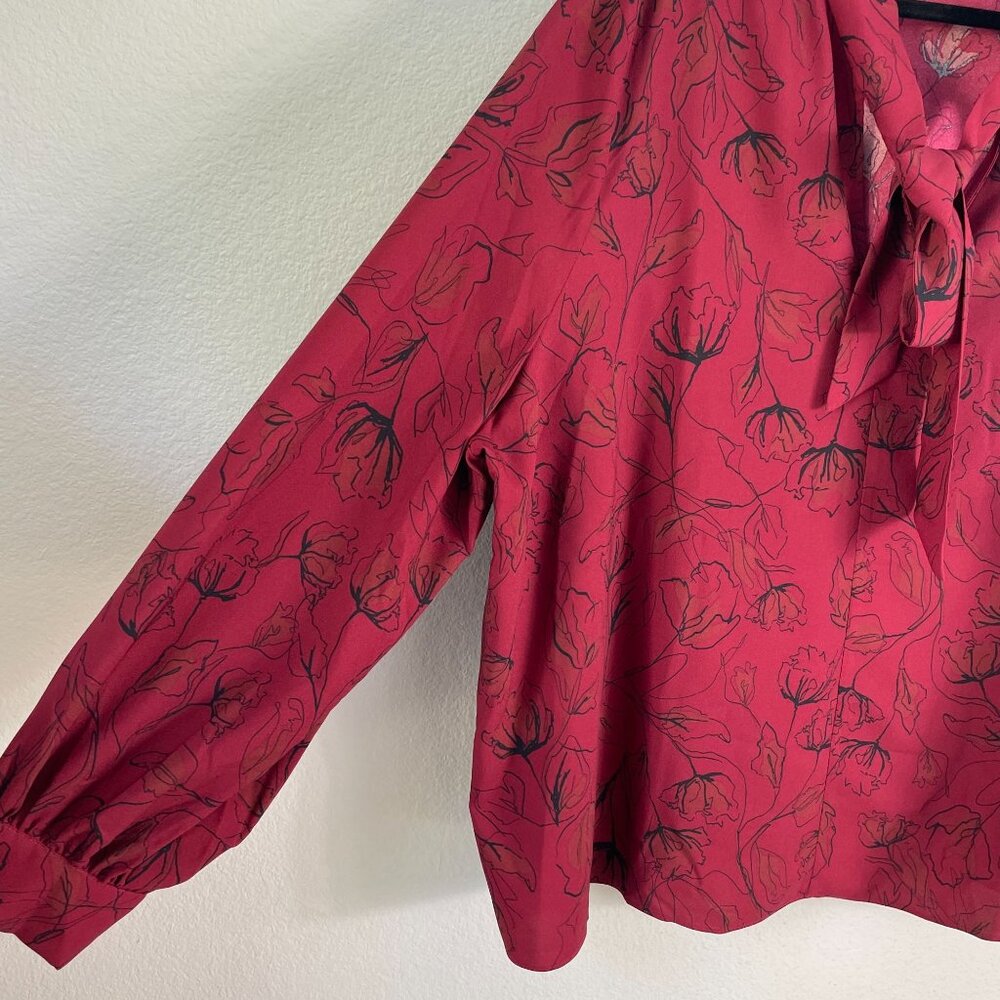 Nordstrom Womens Plus 3X Red Floral Tie Neck Blouse Long Sleeve‎ Shirt Top - Picture 10 of 12